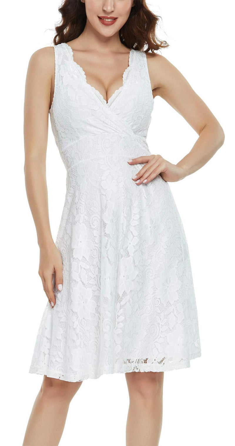 MISS MOLY Lace Dresses for Women Overlay Fit and Flare Dress V Neck White Elegant Wedding Dress Skater Party Dresses M - Image 1